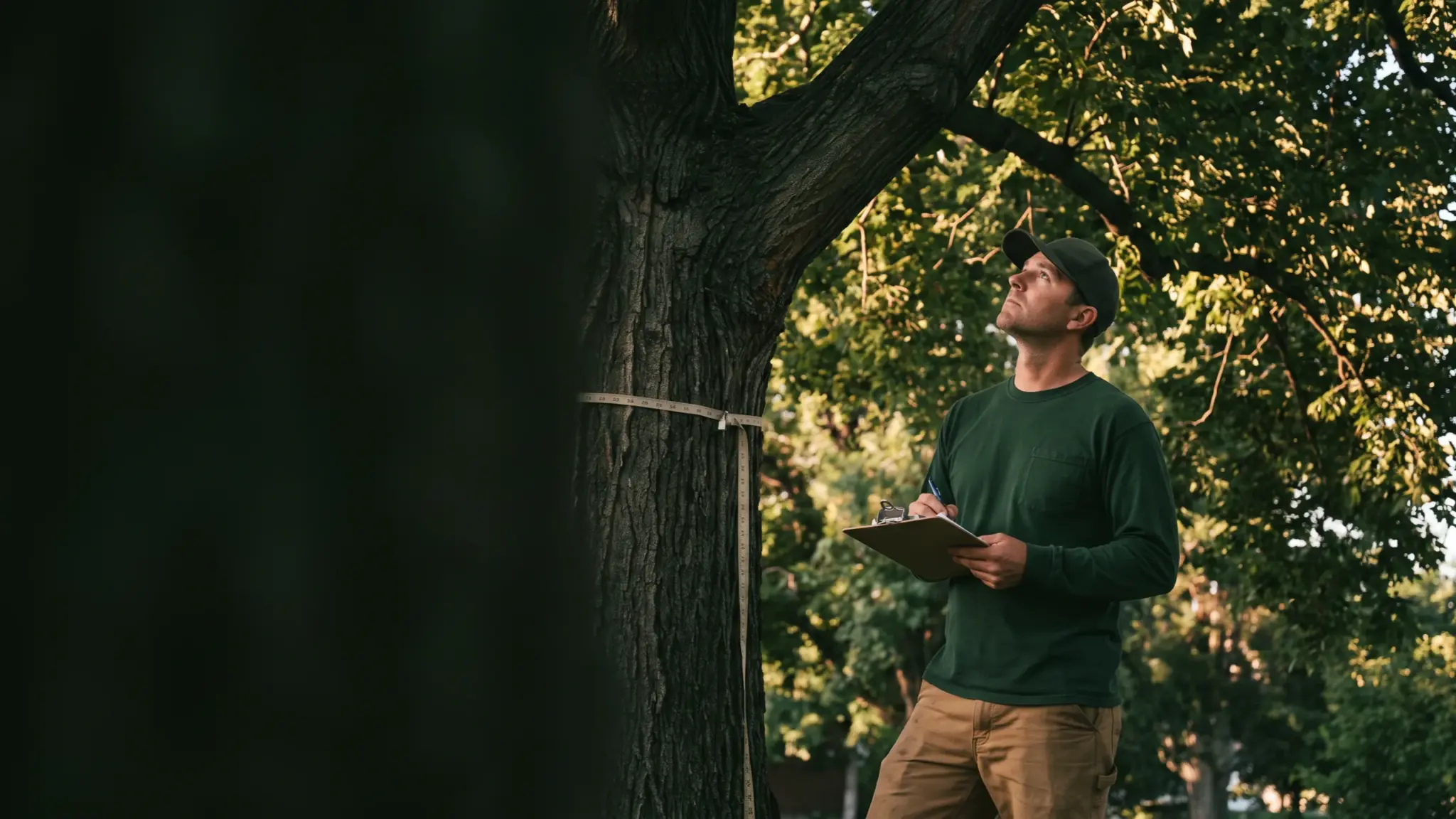 Arborist measuring and recording a mature trunk