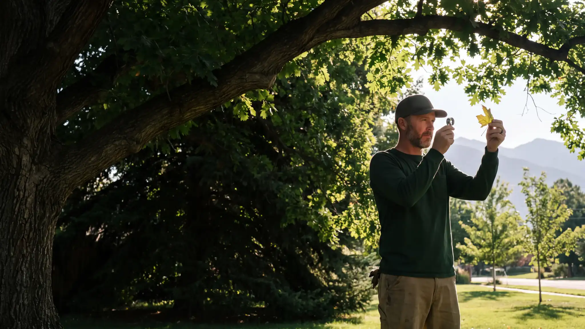 An arborist examining a yellowing leaf with a hand lens under a mature shade tree, with the Wasatch Mountains behind