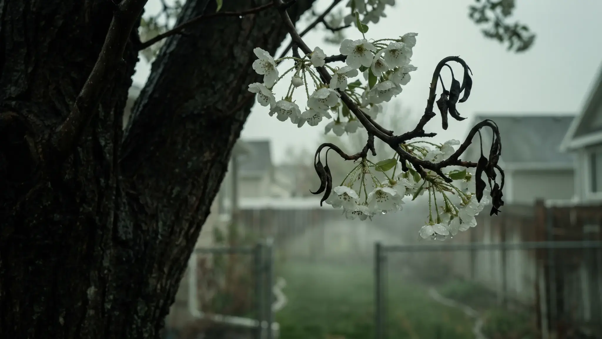 Fireblight on a flowering pear in a wet spring