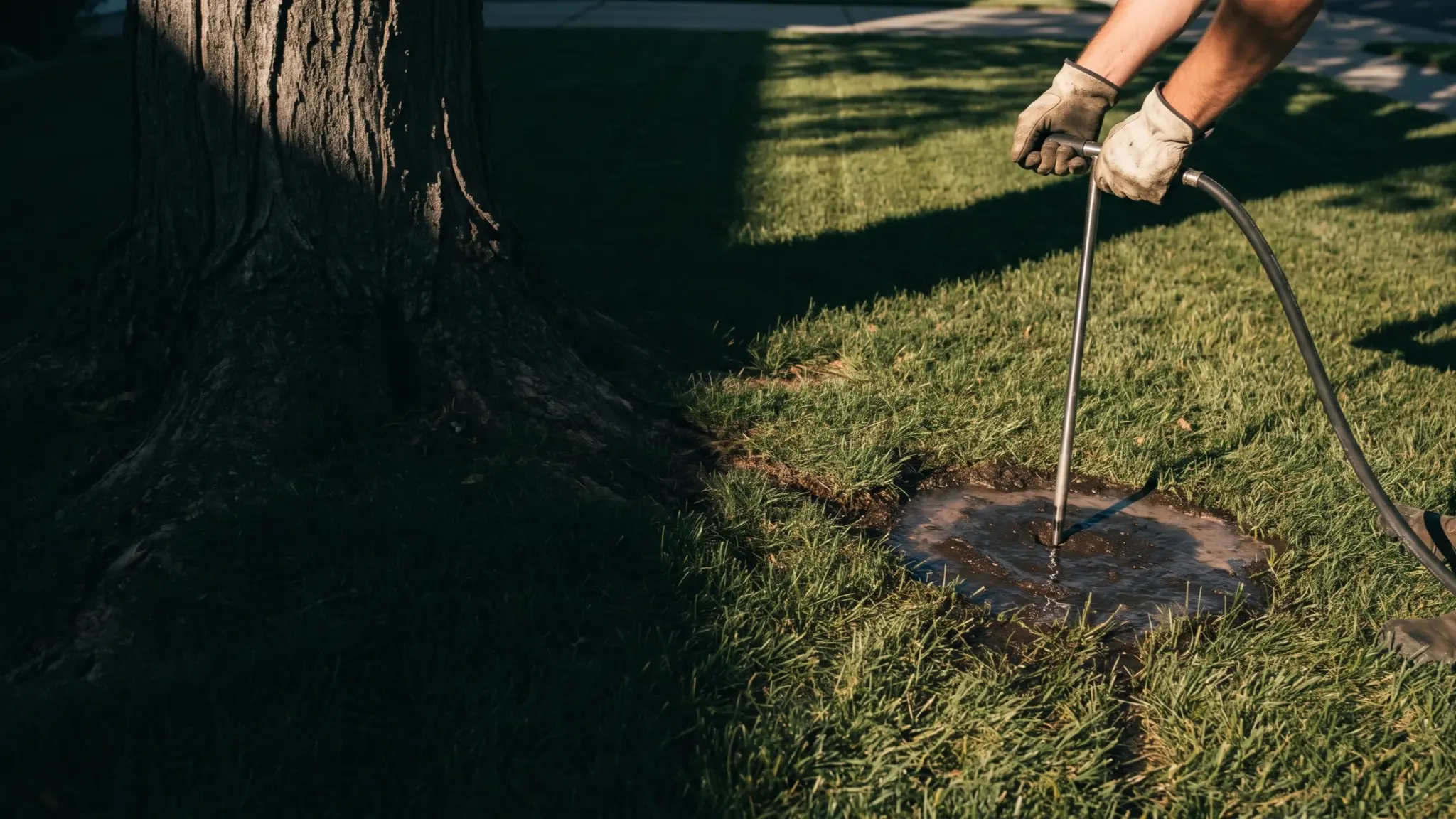 Soil probe injecting treatment at the root zone