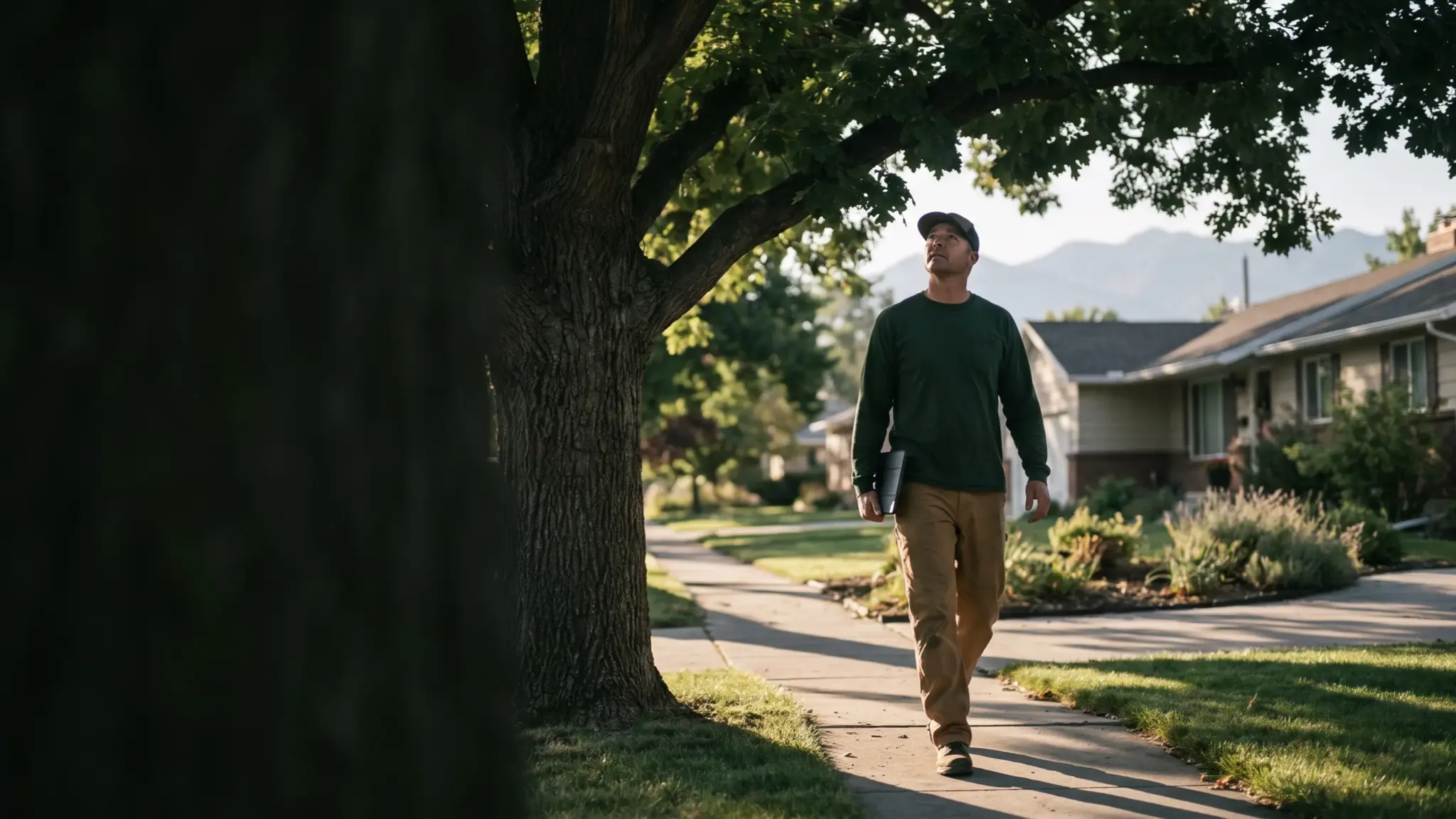 Arborist arriving to inspect a front-yard tree