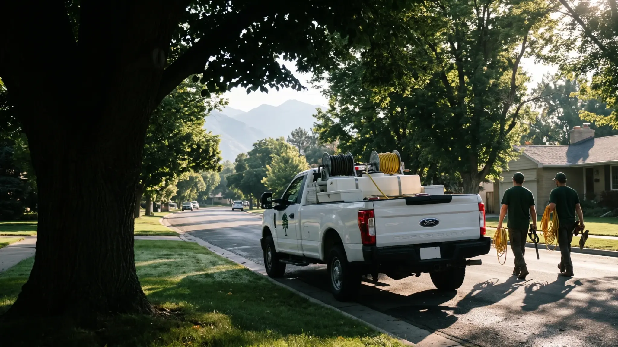 ArborCare service truck at the curb, crew heading to a yard