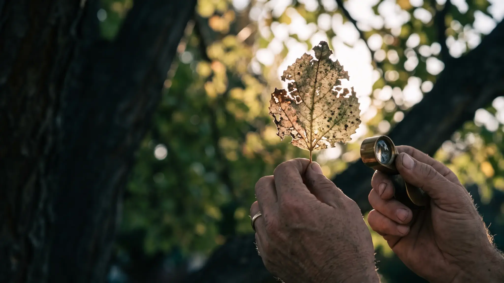 Inspecting a chewed leaf with a hand lens